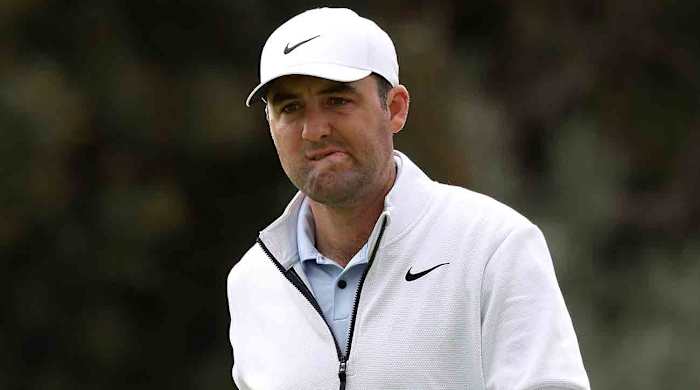 Scottie Scheffler reacts to his putt on the 8th green during the final round of the 2024 Genesis Invitational at Riviera Country Club in Pacific Palisades, Calif.